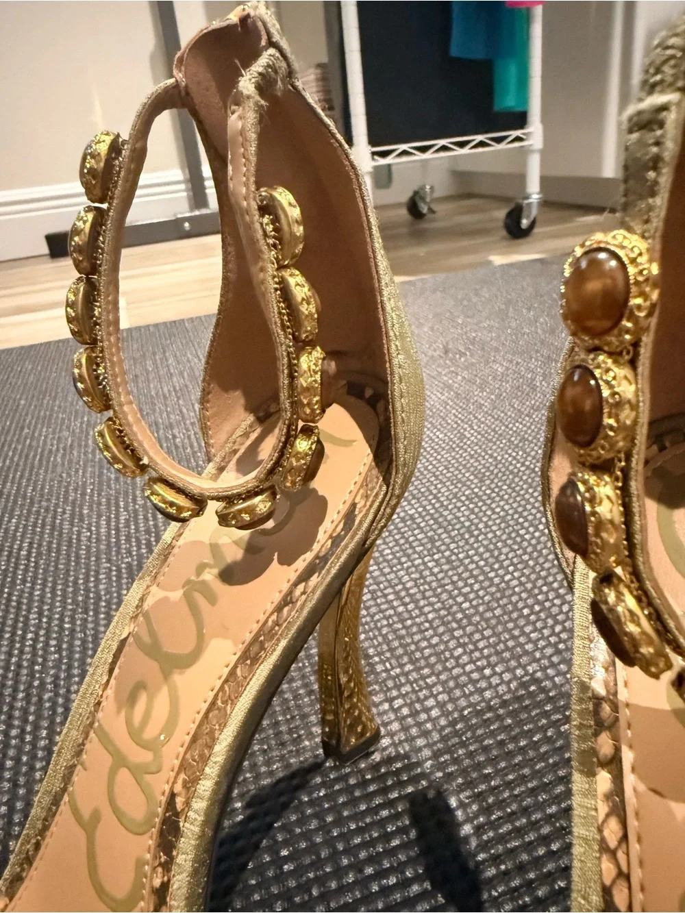 Sam Edelman Lyra Light Olive Jeweled Ankle Strap Heels Size 8